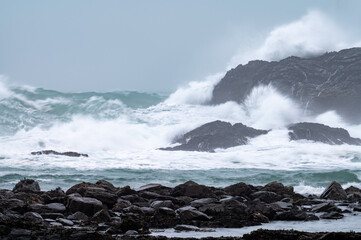 Spectacular waves and spray as a storm hits the coast of north Cornwall