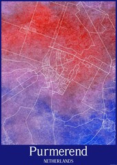 Watercolor map of Purmerend Netherlands.