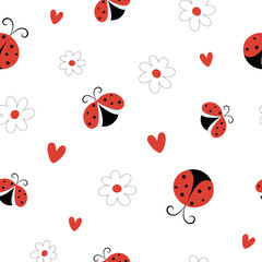 Cute seamless pattern with ladybug and flowers. Cartoon spring elements on white background. Vector illustration
