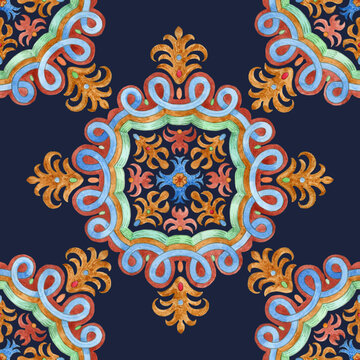 Seamless pattern of watercolor painted mosaic tiles with geometrical and floral ornaments in Mediterranean majolica ceramic style. Wallpaper décor, batik print on a dark indigo blue background