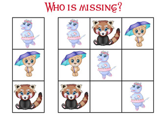 Sudoku game for children with pictures. Kids activity sheet. Cartoon animal