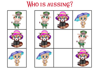 Fototapeta premium Sudoku game for children with pictures. Kids activity sheet. Cartoon animals.