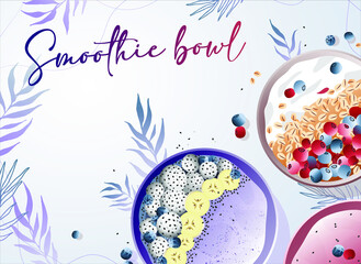 Obraz premium Healthy breakfast Smoothie bowls with fruit toppings. Healthy summer food.