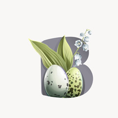 B letter logo with Easter eggs in a natural pattern, lily of the valley leaves, and snowdrop flowers.