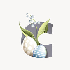 C letter logo with Easter eggs in classic design, lily of the valley leaves, and snowdrop flowers.