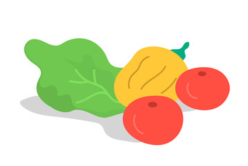 Fresh vegetables on a white background. Red tomato, yellow pepper, green leaf lettuce. Flat vector illustration isolated on white background