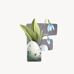 F letter logo with Easter eggs in a natural pattern, lily of the valley leaves, and snowdrop flowers.