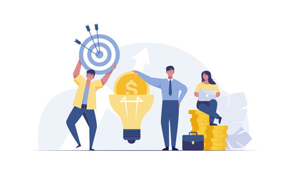 People invest money. Success team standing with business creative idea. vector illustration