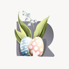 R letter logo with Easter eggs in classic design, lily of the valley leaves, and snowdrop flowers.