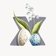 X letter logo with Easter eggs in a natural pattern, lily of the valley leaves, and snowdrop flowers.