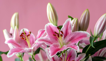 Bouquet of lilies on a pink background.