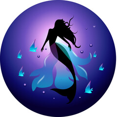 Mermaid among the fish in the cold ocean