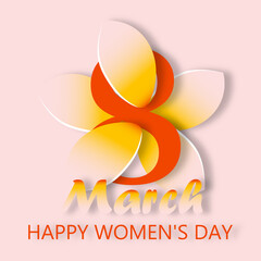 Plumeria tropical. International Women's Day 8 March. Greeting card with exotic frangipani flowers in paper cut style. Modern trendy design with pink background.
