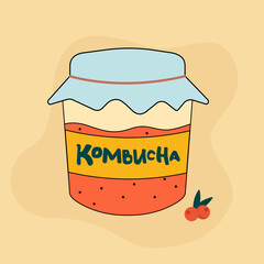 Jar of homemade kombucha tea drink with cranberry. Tasty refreshing beverage. Fermented drink made with tea, sugar, bacteria and yeast 