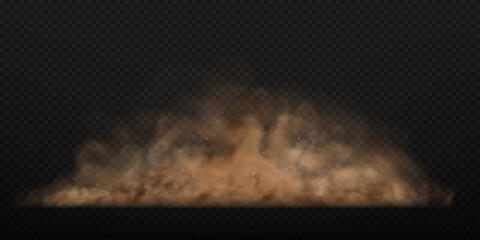 Fototapeta na wymiar Dust sand cloud with stones and flying dusty particles isolated on transparent background. Brown dusty cloud or dry sand flying. Realistic vector illustration.