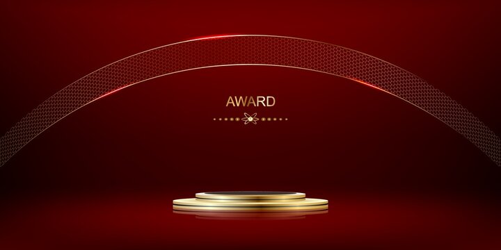 Abstract 3D red cylinder pedestal or podium with golden semi circle backdrop.