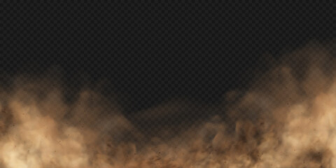 Fototapeta Sandstorm. Dust cloud or sand with flying small particles or stones. Vector illustration isolated on transparent background obraz