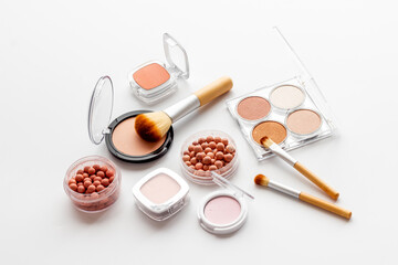 Makeup cosmetic products with powder and brushes. Beauty set