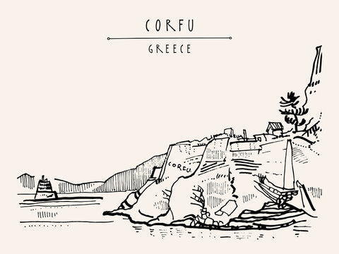 Vector Corfu (Kerkyra), Greece postcard. Hand drawing in retro style. Travel sketch. Vintage touristic hand drawn postcard, poster, calendar or book illustration