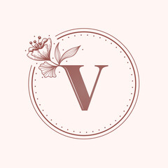 Floral letter V font. Stamp.