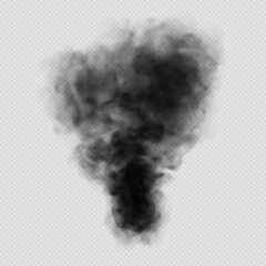 Black smoke clouds, dirty toxic fog or smog. Vector realistic illustration of dark smoky from fire, explosion or burning coal. Black fume texture isolated on transparent background.