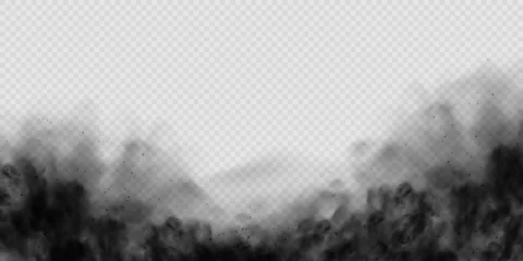 Poster Black smoke clouds, dirty toxic fog or smog. Vector realistic illustration of dark smoky from fire or explosion. Black fume texture isolated on transparent background © Vector_Artist