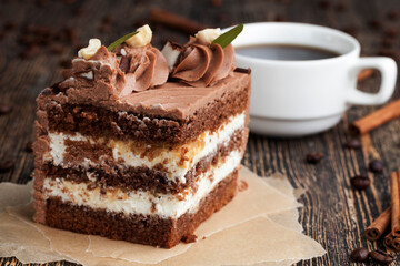 a piece of chocolate cake with cottage cheese filling