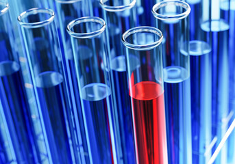 Test tubes with red or blue liquid in a holder. Testing laboratory, chemical testing facility,...