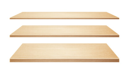 Wooden shelves set isolated on a white background. Vector realistic illustration