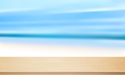 Wood table top on blurred beach background. Vector realistic summer concept.