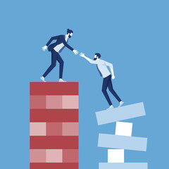 businessman who stand at falling jenga was help by another businessman, business help and support concept