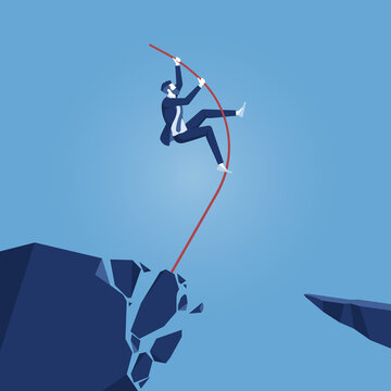 Businessman doing pole vaulting cross over the crisis valley, jump over the barrier with a pole, way forward and overcoming obstacles concept