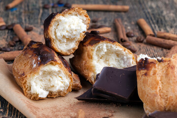 custard cake with cream, chocolate and other sweets