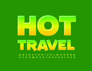 Vector glossy Sign Hot Travel. Bright Modern Font. Artistic Alphabet Letters and Numbers set