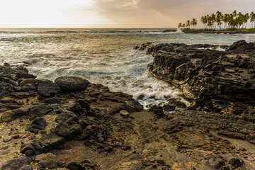 Waves Crashing Against Lava Shoreline on Honomolino Beach, Hawaii Island, Hawaii, USA
