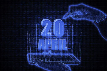 April 20th. A hand holding a phone with a calendar date on a futuristic neon blue background. Day 20 of month.