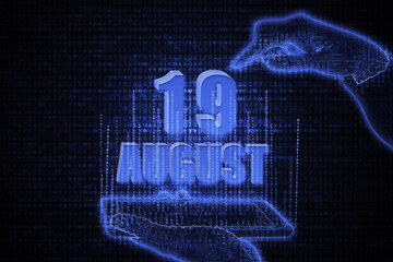 August 19th. A hand holding a phone with a calendar date on a futuristic neon blue background. Day 19 of month.