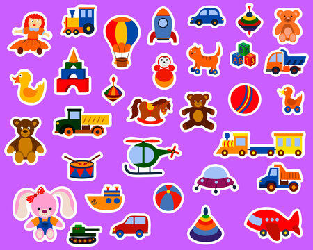 a set of funny stickers for children's toys. collection of vector illustrations of children's toys.