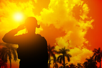 Silhouette Of A Solider Saluting Against the Sunrise in the desert with palmtrees. Concept - armed forces of UAE, Israel, Egypt.