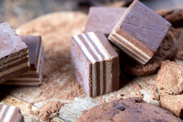 multi-layered sweets made of cream and chocolate layers