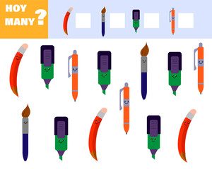 Math game for kids count how many items. Count how many cute cartoon school subjects. Vector