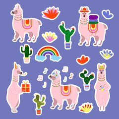 A set of stickers cute cartoon llamas, cacti, rainbow. Stickers for cutting, vector