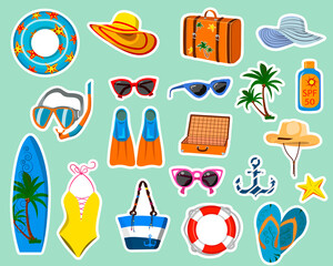 A set of stickers for cutting out. Vector illustration of beach holiday items