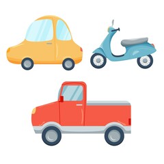 Cute set of cars and scooter at white background