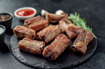 grilled sliced ​​pork ribs on stone background