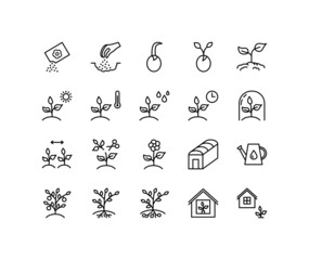 Plant flat line icons set. Spring season, growing plant shoots, Agriculture and Gardening. Simple flat vector illustration for web site or mobile app