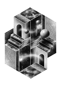 Fototapeta M C Escher style tarot playing card, black and white noise texture building illustration using  isometric geometric 3D simple shapes with window, doorway, optical illusion penrose stairs and planets