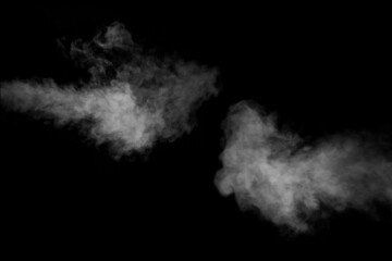 A set of two rich, swirling horizontal vapors isolated on a black background for overlaying on your photos. Fragment of horizontal steam. Abstract smoky background, design element