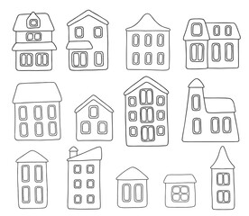 Vector illustration of 13 cartoon outline houses isolated on a white background. Coloring page, element for your design.