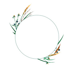 Watercolor hand-painted round frame with wild berries and herbs. Clipart